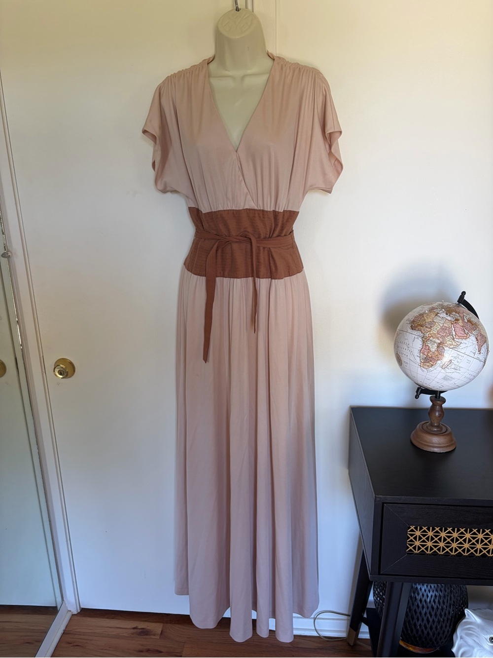 Blush Pink James Daughtry 1070s Vintage Maxi Dress with Brown Waist Tie